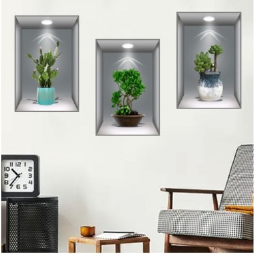 3D Çiçek Vazo Duvar Sticker 3 lü Set GRİ Fon